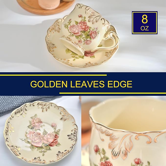 YOLIFE Tea Cup and Saucer Set, 8 oz Tea Cup Set, Teacup, Ceramic Tea Cup with Suacer Spoon, Ivory Vintage Rose Floral with Gold Leaves Trim, Gifts for Women