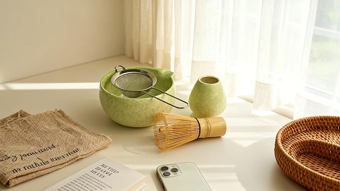 Matcha Whisk Set- 7 Piece Complete Japanes Matcha Set with Ceramic Matcha Bowl (Chawan), Bamboo Whisk (Chasen), Sifter, Whisk Holder, Macha Scoop(Chashaku) & Accessories - Green