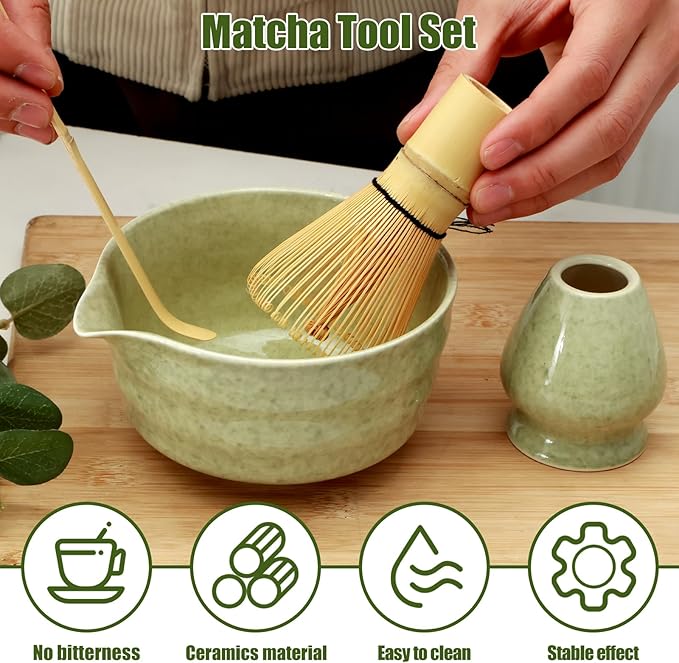 4PCS Matcha Whisk Set,Elegant Matcha Tea Set,Exquisite Matcha Kit with Ceramic Matcha Bowl,Matcha Whisk Holder,Bamboo Matcha Whisk and Bamboo Scoop Bamboo Tea Steeper Matcha Tools (Matcha Green)