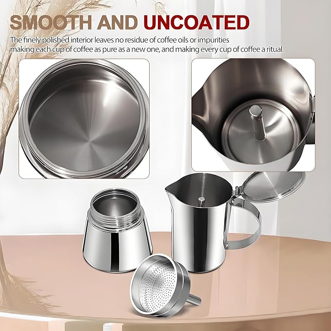 Uncoated 2 Cup Moka Pot 304 Thickened Stainless Steel Coffee Maker Stovetop Espresso Coffeemaker Italian Classic Style Brewing Greca Cafe Mocha Machine for Cafeteras Camping Travel Home 100ml 3.3oz