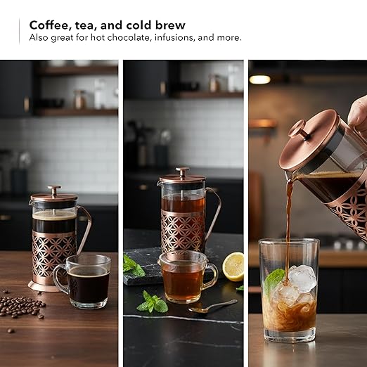 OVENTE French Press Coffee Maker 34 Ounce with Heat Resistant Borosilicate Glass, Stainless Steel Design and 4-Level Filter System, Portable Cold Brewer Pot for Travel, Camping or Gift, Copper FSF34C