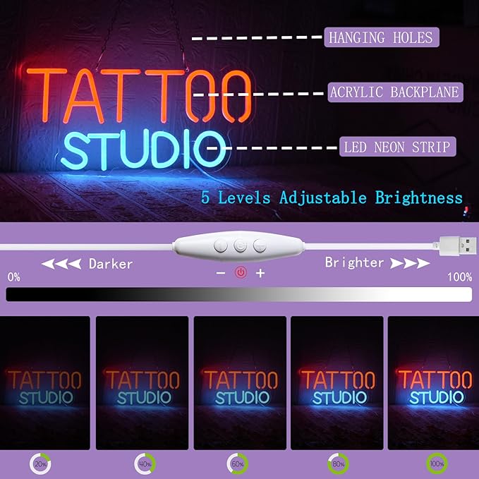 Tattoo Neon Sign For Wall Decor, Tattoo Studio Neon Sign Dimmable Tattoo Neon Light for Bedroom Tattoo Shop Salon Studio Garage Man Cave Game Room Wall Decoration