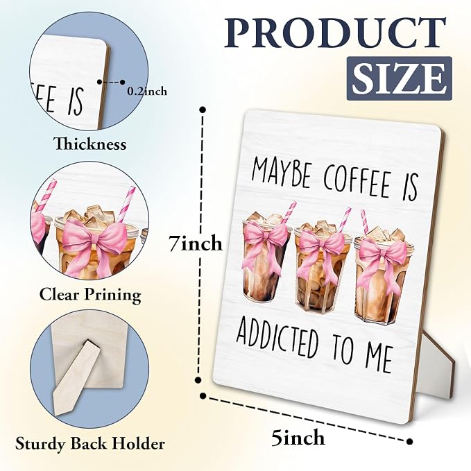 Coffee Bar Sign, Coquette Pink Bow Coffee Wooden Stand Sign 5"X7", Ice Espresso Signs Decorations for Cafe Coffees Station Shop Home Kitchen Table Desk Decor(5x7 Inch) - Image 2