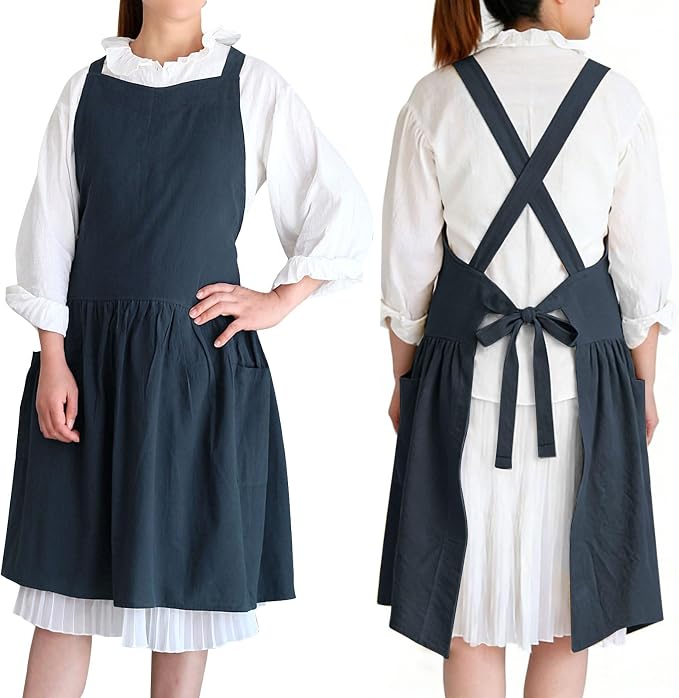 Cotton Linen Cross Back pinafore Apron Dress for Women with Pockets for Cooking Cleaning - Crossback Apron - Blue - with Waist Ties by KKTOCHVC