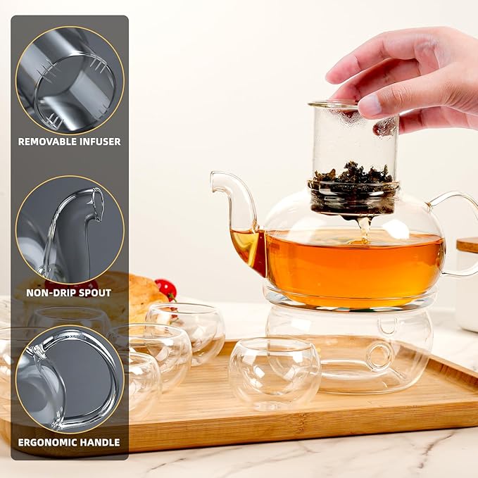 Glass Teapot Set, 27OZ/800ML Stovetop Safe Glass Tea Kettle with 6 Small Double Wall Tea Cups & Loose Tea Infuser & Tea Warmer, Microwave & Dishwasher Safe Tea Maker, Blooming Tea Gift Set
