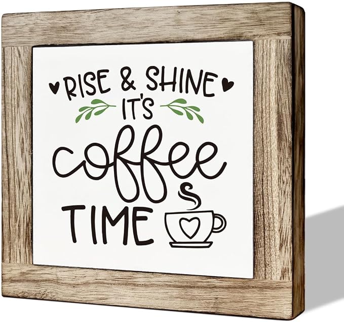 Rise & Shine Coffee Decor Set - Rustic Wooden Table Sign, Farmhouse Style, Coffee Station Decor by MLTEye