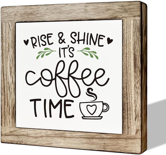 Rise & Shine Coffee Decor Set - Rustic Wooden Table Sign, Farmhouse Style, Coffee Station Decor by MLTEye