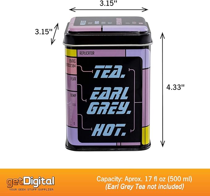 getDigital Tea Tin, Tea. Earl Grey. Hot. - Metal caddy with lid for loose leaf tea storage - Shows the replicator interface from a classic Sci-Fi TV Show - Capacity 17 fl oz