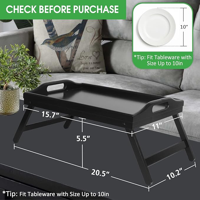 Artmeer Bed Tray Table with Foldable Legs,Bamboo Breakfast Tray with Handles Ideal for Sofa, Bed, Eating,Working,Used As Laptop Desk Snack Tray 2 Pack Black