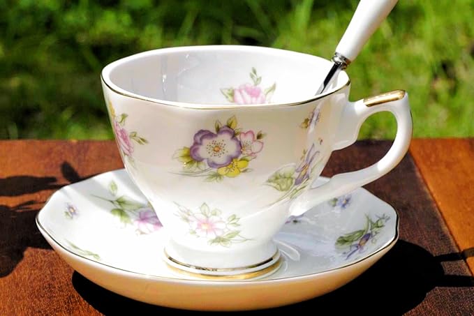 British Bone China Coffee Cup with Saucer and Spoon for Latte Americano Cups with Saucer Porcelain Tea Cup Set, Cups and Saucers 3 Piece Set（6.8oz） (A-white)