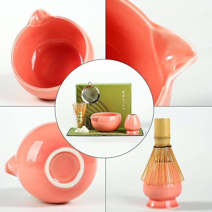 Matcha Whisk Set, Ceramic Matcha Bowl with Spout, Bamboo Whisk, Scoop, Sifter, Holder, Tea Towel, 7-Piece Matcha Kit Set for Making Breakfast/Latte, Round Pink, Large