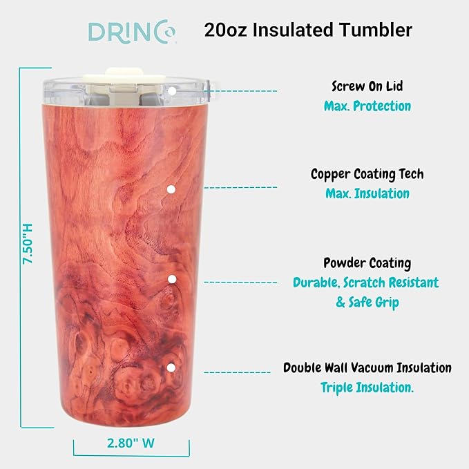 Drinco - 20 oz Stainless Steel Tumbler | Double Walled Vacuum Insulated Mug With Lid, 2 Straws, For Hot & Cold Drinks (20oz Walnut)