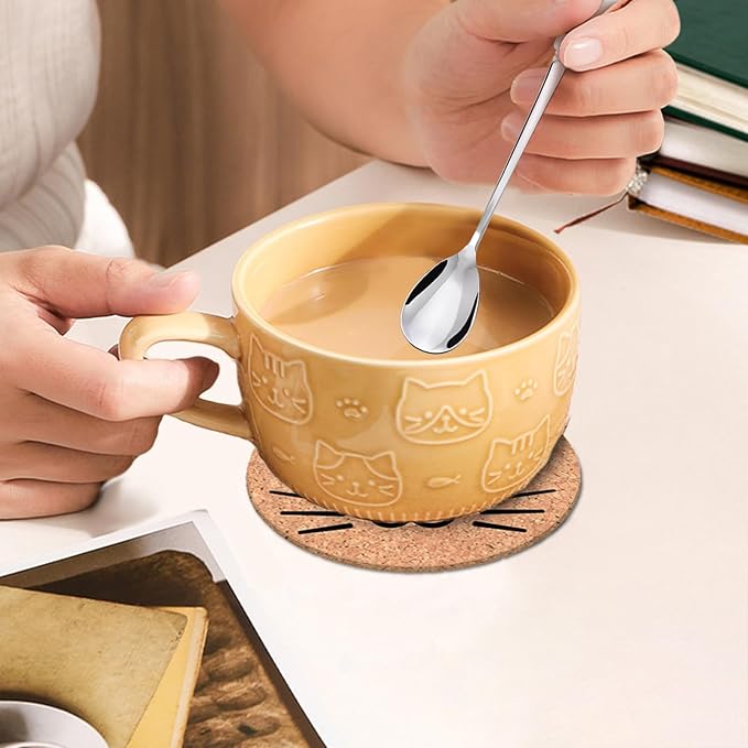 BigNoseDeer 2PCS Cute Mug Kawaii Cat Tea Cup Ceramic Coffee Mug with Lid,Tea Cups and Saucers for Dessert Cute Gifts Cat Lover Gift for Women Anime Christmas Gifts for Women 10oz (Yellow+Brown)