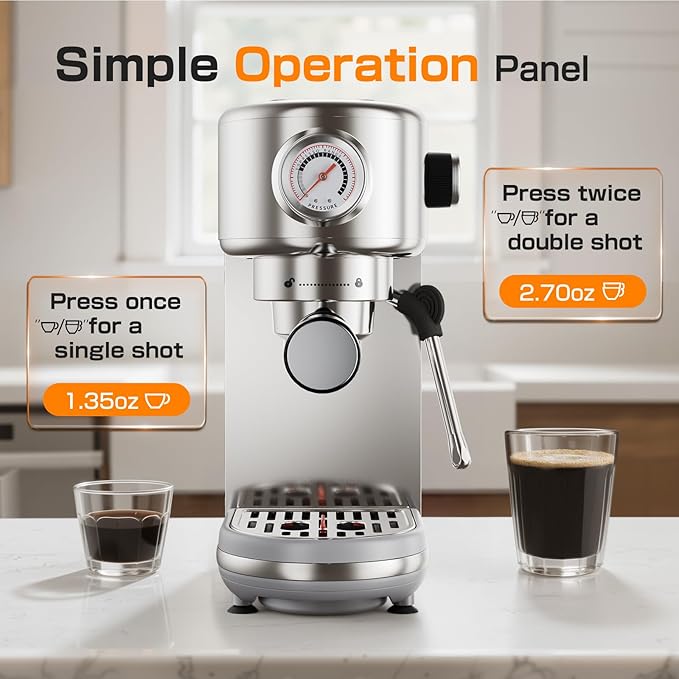 Espresso Machine, 20 Bar Compact Espresso Coffee Machine with Milk Frother, Stainless Steel Coffee Maker with 44oz Removable Water Tank & Fast Heat System for Cappuccino, Latte