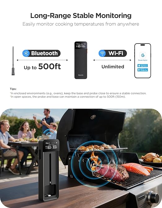 GoveeLife Bluetooth Wireless Meat Thermometer with Digital Standalone LCD Base, WiFi Unlimited Range, 1.8 Accuracy, Food Grade Internal Ambient Sensor Probes for Kitchen, BBQ, Grill, Oven, Smoker