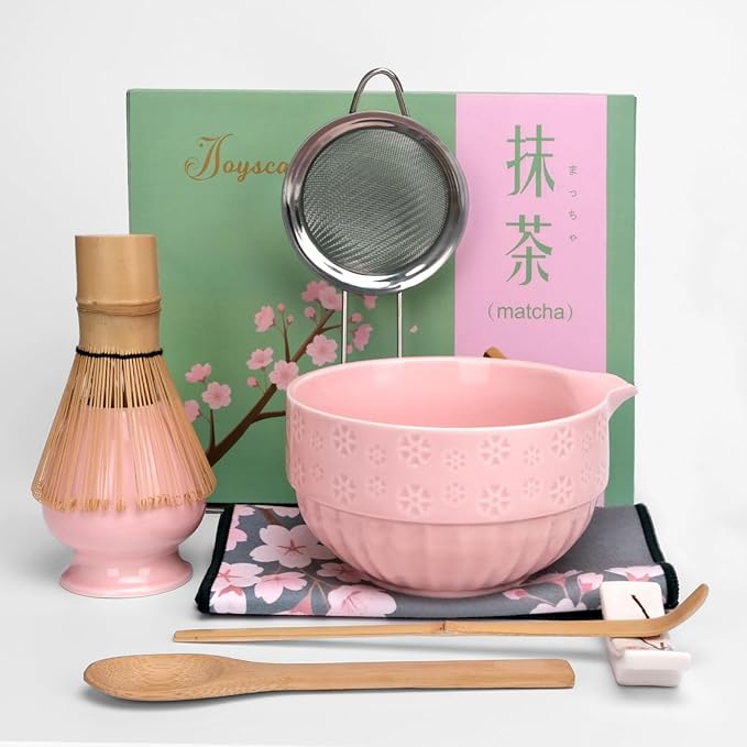 Joyscale Matcha Whisk Set, Matcha Set Whisk And Bowl, 8 Pcs Matcha Kit Set(Cherry Blossom Design), 18 OZ, Japanese Matcha Tea Set, Matcha Making Kit Gifts for Tea Lovers(Pink)