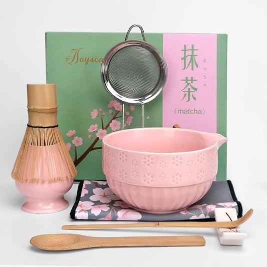 Joyscale Matcha Whisk Set, Matcha Set Whisk And Bowl, 8 Pcs Matcha Kit Set(Cherry Blossom Design), 18 OZ, Japanese Matcha Tea Set, Matcha Making Kit Gifts for Tea Lovers(Pink)