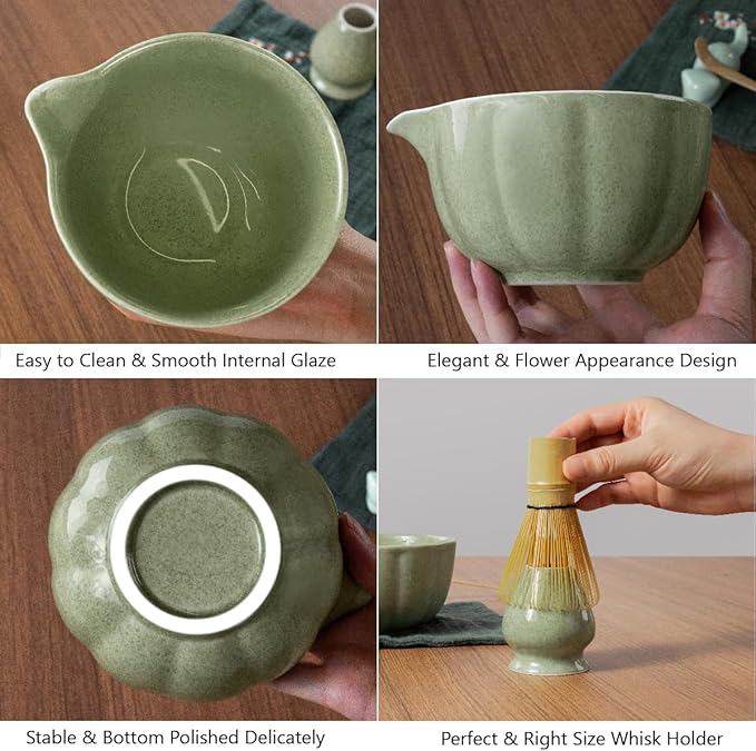 Matcha Whisk Set, 7 Pcs Japanese Matcha Kit Includes Matcha Bowl with Spout, Bamboo Whisk, Chasen Holder, Stainless Sifter, Scoop and Rest, Tea Towel, Matcha Tea Set Gift for Family/Friend