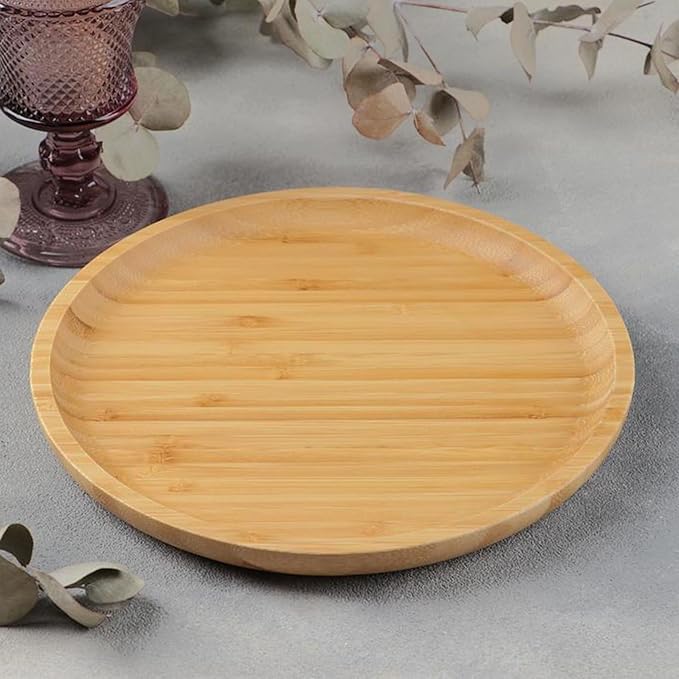 JOIKIT 5 Pack 10 Inch Bamboo Round Platter, 25cm Fine Polished Round Wood Plates Bamboo Serving Tray for Holding Fruit, Bread, Cheese, Nut, Coffee, Tea, Plant Saucer