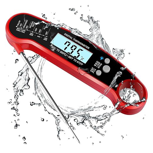Digital Instant Read Food Thermometer with Backlight, LCD Display, Calibration Function, Built-in Bottle Opener for Grilling, BBQ, Turkey, Candy, Liquid Temperature Measurement, Red
