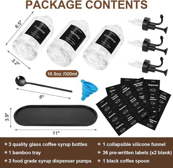 Coffee Syrup Dispenser for Coffee Bar, 16.9oz 500ml Glass Syrup Dispenser w Black Coffee Scoop, Coffee Syrup Pump Dispenser w 36 Labels and Bamboo Tray, Coffee Syrup Bottles with Black Pump, 3PCS - Image 2