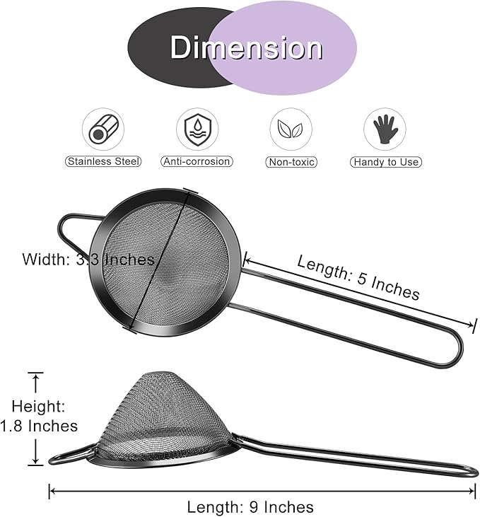 Black Small Strainer Set of 2, E-far 3.3 Inches Stainless Steel Fine Mesh Sieve with Long Handle, Metal Conical Strainers for Tea Cocktail Coffee Food, Rust Proof & Easy to Clean