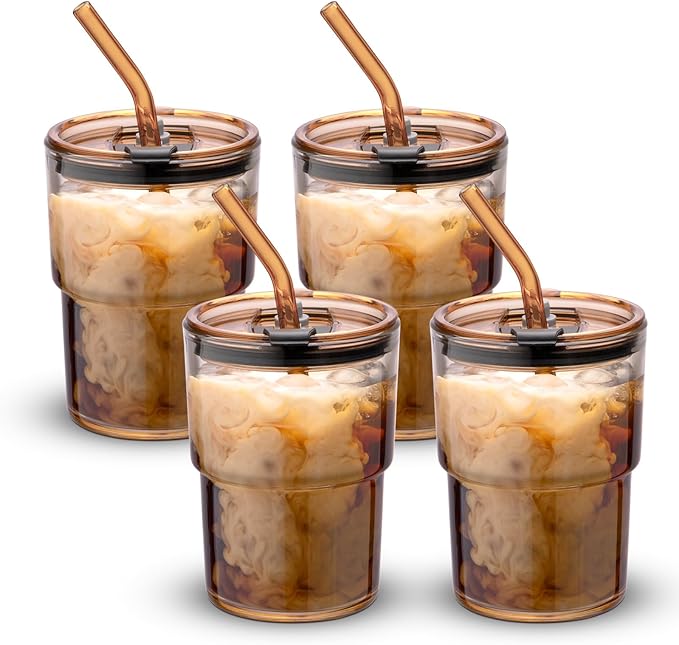 13 oz Tumbler Water Glass, Water Bottle with Straw and Dustproof Lid, Coffee Ice Cup Double Wall Insulated Glass Cup (Amber-4pack)