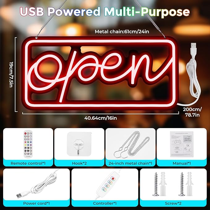 Led Open Sign for Business,Colorful and High Brightness LED And Remote Control, Applicable to Walls Window Bar Shop Hotel, Coffee Salons, etc. (5V USB Power Supply/16.2 * 7.7 inches)