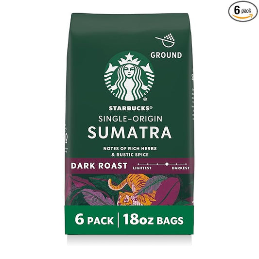 Starbucks Ground Coffee, Dark Roast Hot or Iced Coffee, Single-Origin Sumatra, Six 18 oz Bags