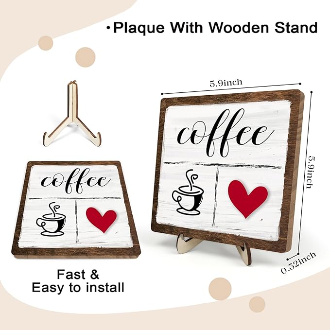 Vintage Coffee Bar Decor Sign,Rustic Wooden Plaque for Java Station, Kitchen,Cafe or Tea Corner, Funny Jave Gift for Coffee Lovers,Cute Heart Design Cafe Decor 5.9x5.9inch