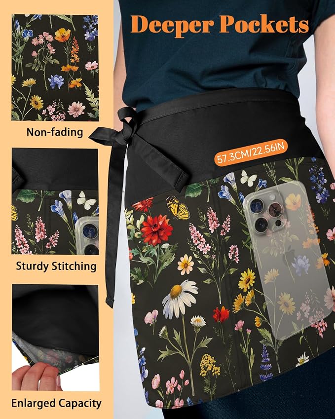 Slohif Reversible Server Apron 6 Pockets - Waist Apron for Waitress Women Half Serving Short Apron for Waiter - Image 5