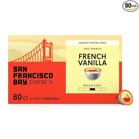 San Francisco Bay Coffee - Flavored Medium Roast - French Vanilla (80 ct) - Single Serve Coffee Pods, Commercially Compostable, K Cup Compatible
