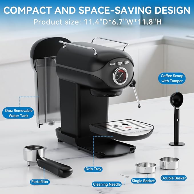 Espresso Machine, 20 Bar Pump Temperature Control, Compact Espresso Maker with Steam Milk Frother, Professional Coffee Makers for Home, Cappuccino Latte Machine, Gifts for Coffee Lover