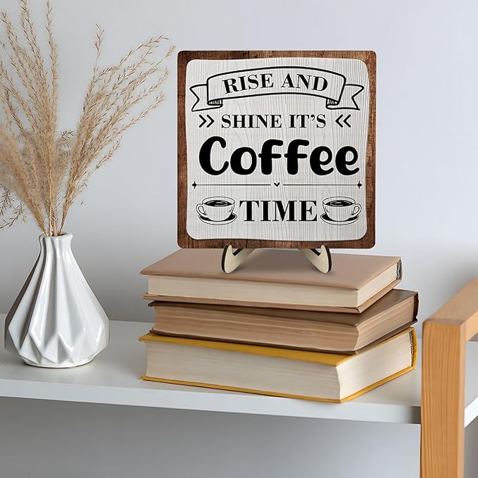 Coffee Bar Sign Plaque, Coffee Signs for Coffee Station, Vintage Coffee Sign Decor for Kitchen, Coffee Bar Accessories, Coffee Themed Gifts, Farmhouse Cafe Sign,Coffee & Tea Bar Decor Signs (Gray&Brown, 5.9x5.9inches)