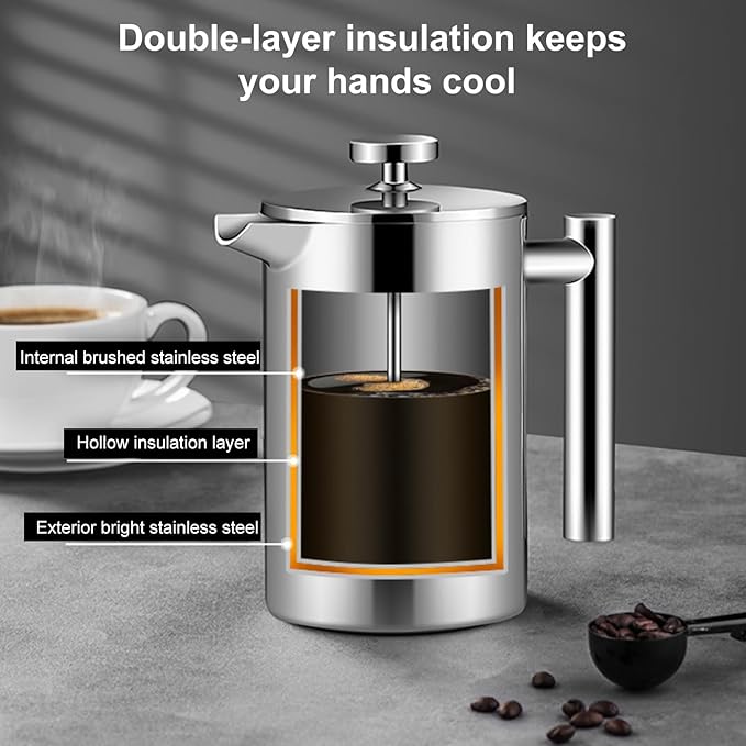 Enfmay 350ml French Press Coffee Maker, 304 Stainless Steel Double Wall Insulated Coffee Maker Pot, Triple Filtration System for Optimal Brew, Ideal for Home, Office, Camping (Sliver, 12 oz)
