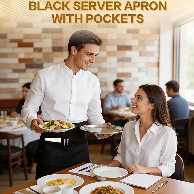 mwellewm 25 Packs Server Apron with 3 Pockets, Black Serving Half Waitress Apron for Women and Men, Widened and Extended Waist Strap Reinforced Seams Water and Stain Resistant for Book Phone - Image 2