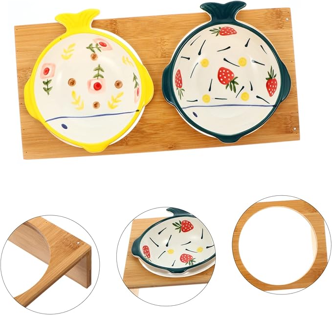 Creative Raised Cat Feeder with Bamboo Stand and Ceramic Double Bowls Reduces Neck Strain for Cats and Puppies Easy Eating and Comfortable Licking