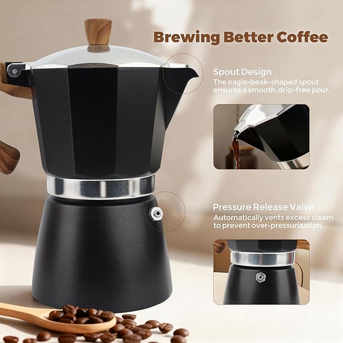 ShanSon Moka Pot Stovetop Espresso Maker 3 Cup 5 oz Italian Coffee Maker Manual Cuban Coffee Percolator Machine Italian Espresso Greca Coffee Maker for Cappuccino or Latte,Black