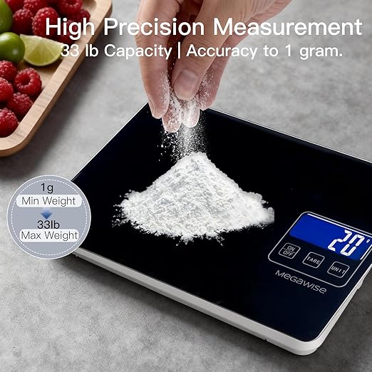 MegaWise Precision Food Scale, 33lb Waterproof Rechargeable Digital Kitchen Scale, 1g/0.04oz Precise Graduation, Weight Grams and Ounces for Cooking Baking, 5 Units Conversion, Tare Function (Black)