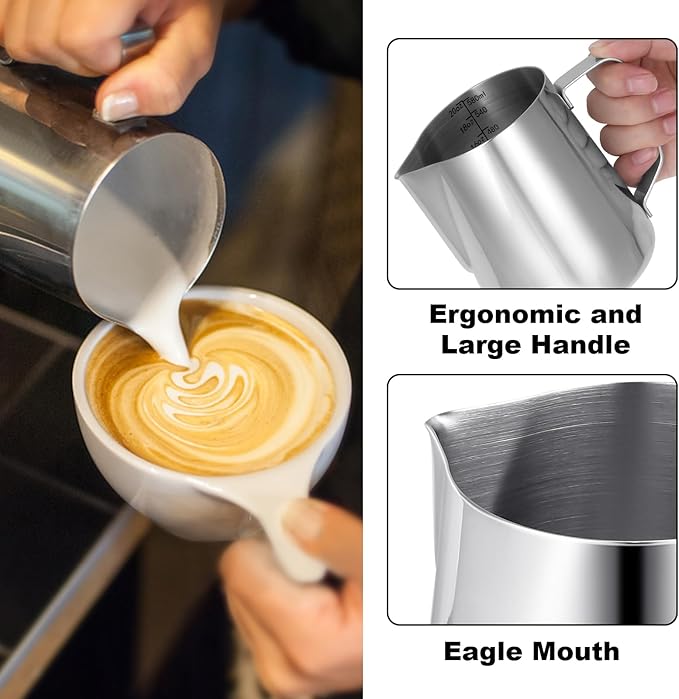 Milk Frothing Pitcher,Milk Steaming Frother Cup,Barista Cappuccino Latte Art Milk Jug with Decorating Pen,Stainless Steel Espresso Coffee Bar Accessories Tools (Silver, 20oz)