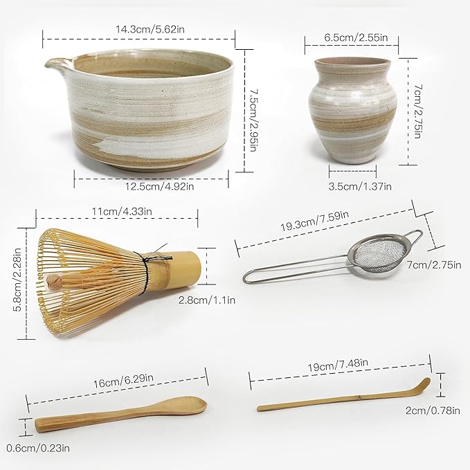 Matcha Whisk Set, 6 Piece Matcha Kit with Bamboo Whisk Ceramic Bowl with Spout Sifter Scoop Traditional Japanese Tea Accessories for Home or Gifts (set of 6)
