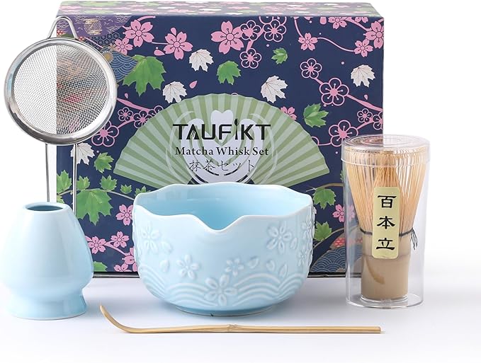 Matcha Whisk Set, 5 Pcs Ceramic Matcha Set, Matcha Kit Set Includes Matcha Bowl, Matcha Whisk and Holder, Bamboo Scoop and Sifter, Matcha Tea Set, Ideal Gift for Family/Friend (Blue)