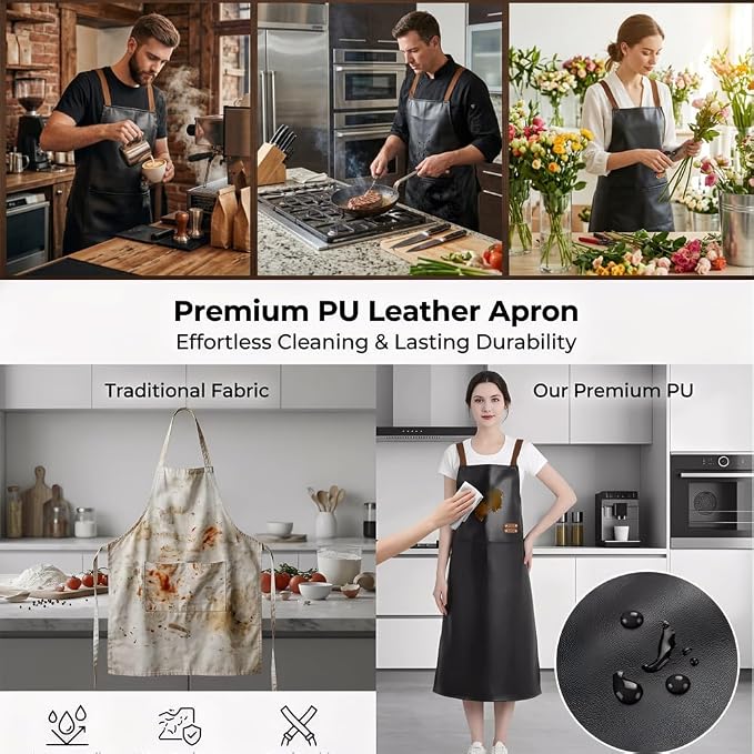 Waterproof Apron Large Pocket PU Material Waterproof Oil-proof Dust-proof Apron Black and Red - Image 5