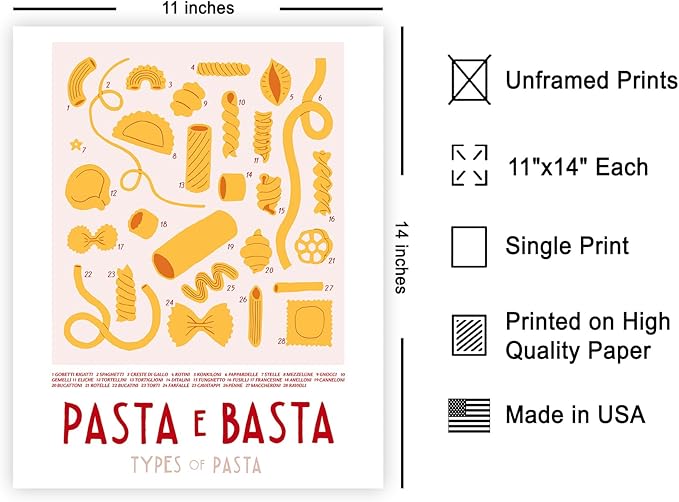 Poster Master Vintage Illustration Poster - Retro Food Print - Types of Pasta, Yellow, Spaghetti, Rotini, Penne - 11x14 UNFRAMED Wall Art - Gift for Artist, Chef - Wall Decor for Kitchen, Restaurant