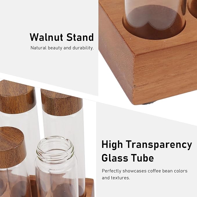 Fockety Coffee Bean Storage Tubes Single Dose, 6PCS or 12PCS Coffee Bean Cellar, Dosing Glass Vials with Lids, Wooden Display Stand and Funnel, Airtight Sealed Glass Canister Jars Tubes