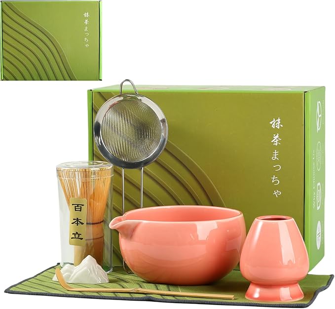 Matcha Whisk Set, Ceramic Matcha Bowl with Spout, Bamboo Whisk, Scoop, Sifter, Holder, Tea Towel, 7-Piece Matcha Kit Set for Making Breakfast/Latte, Round Pink, Large