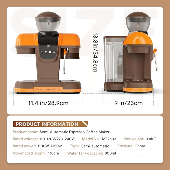 20 Bar Espresso Machine with Grinder & Steam Wand - Semi Automatic Coffee Maker, NTC Intelligent Temp Control, 58mm Stainless Steel Portafilter, One-Touch Panel for Home Barista (Removable Water Tank)