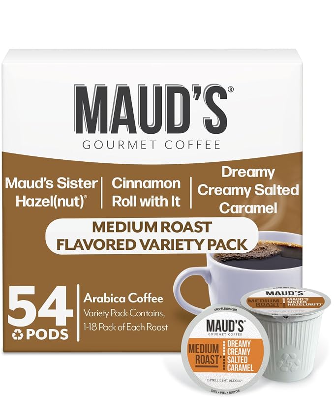 Maud's Salted Caramel, Sweet Hazelnut & Cinnamon Roll Flavored Pods Bundle, 54 ct, Medium Roast Flavored Coffee in Single Serve Pods – 100% Arabica Coffee, Compatible with Keurig K Cups Maker by MAUDSCOFFEETEA