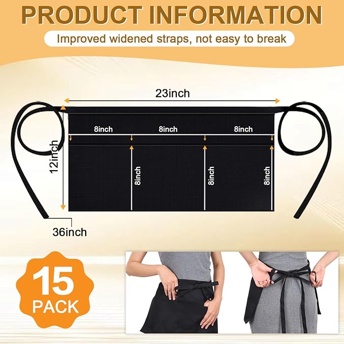 mwellewm 15 Packs Server Apron with 3 Pockets, Black Serving Half Waitress Apron for Women and Men, Widened and Extended Waist Strap Reinforced Seams Water and Stain Resistant for Book Phone - Image 2