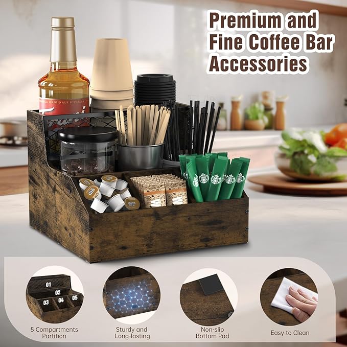Coffee Station Organizer for Countertop, Wood Coffee Bar Organizer, Tea Condiment Storage for Pods, Syrup, Cups, Stirrer, Tea, Kitche Office Countertop, Brown